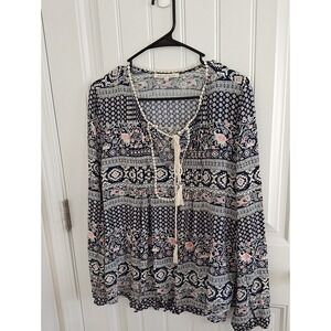 Daniel Rainn Navy Pink Paisley Floral Boho Tassel Tie Blouse Top Size Large